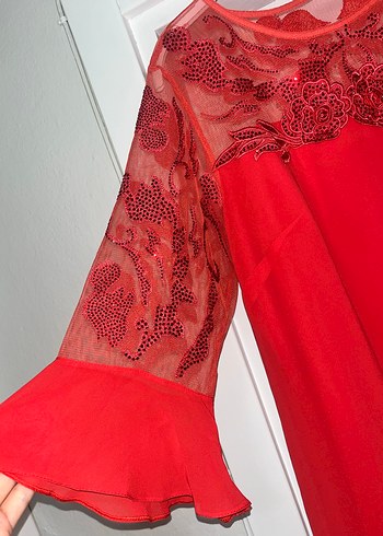 Nakışlı Dantelli nar çiçeği rengi midi boy Abiye Elbise - Görsel 2