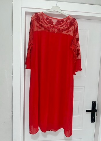 Nakışlı Dantelli nar çiçeği rengi midi boy Abiye Elbise - Görsel 6