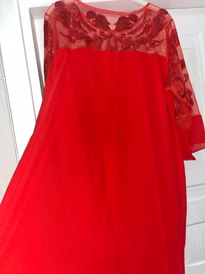 Nakışlı Dantelli nar çiçeği rengi midi boy Abiye Elbise - Görsel 4