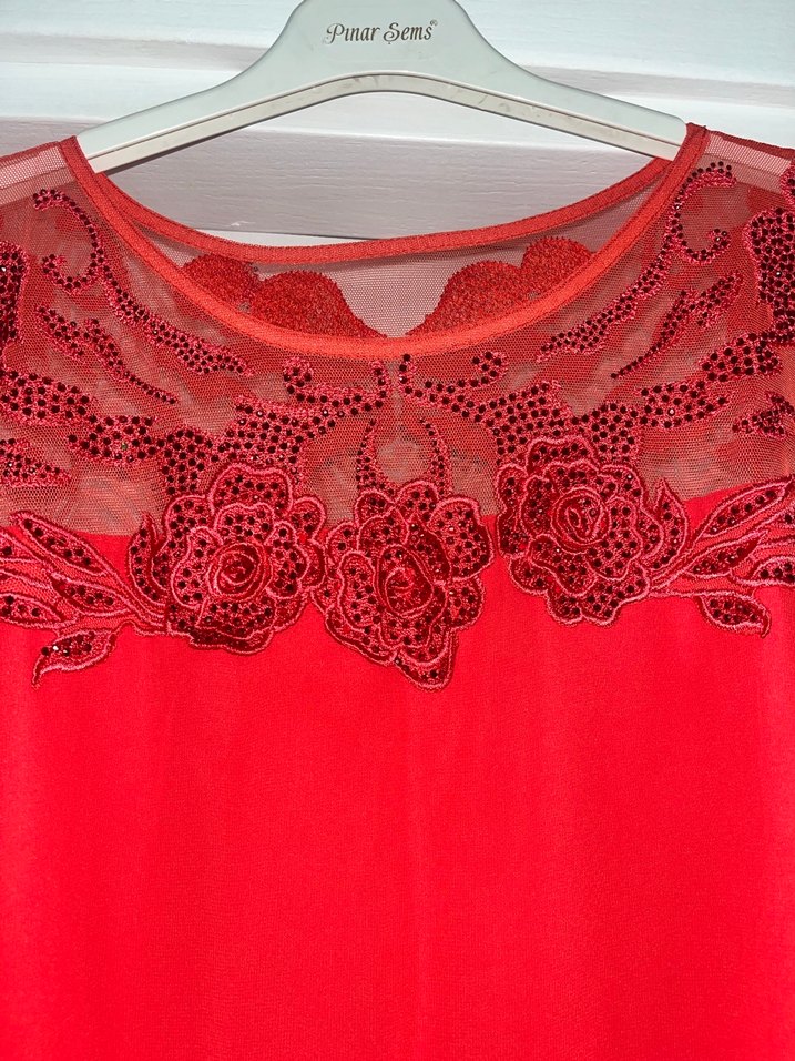 Nakışlı Dantelli nar çiçeği rengi midi boy Abiye Elbise - Görsel 3