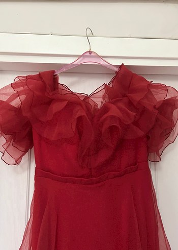 Kırmızı Drapeli Uzun Abiye Elbise - Görsel 11