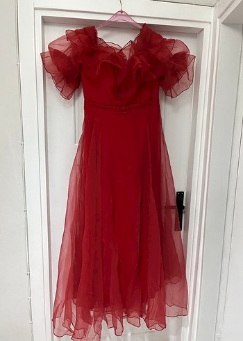 Kırmızı Drapeli Uzun Abiye Elbise - Görsel 8