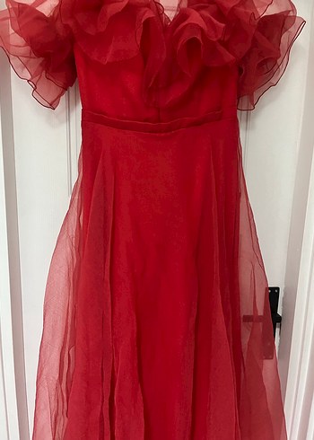 Kırmızı Drapeli Uzun Abiye Elbise - Görsel 12