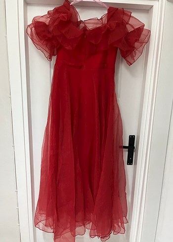 Kırmızı Drapeli Uzun Abiye Elbise - Görsel 5