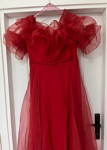 Kırmızı Drapeli Uzun Abiye Elbise - Görsel 4