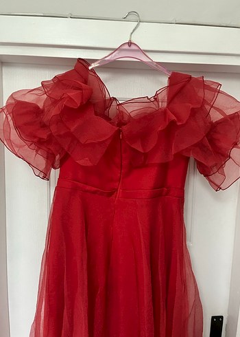 Kırmızı Drapeli Uzun Abiye Elbise - Görsel 7