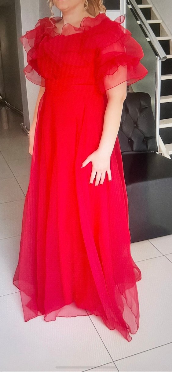 Kırmızı Drapeli Uzun Abiye Elbise - Görsel 3