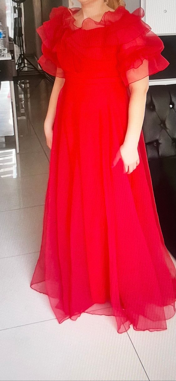 Kırmızı Drapeli Uzun Abiye Elbise - Görsel 2
