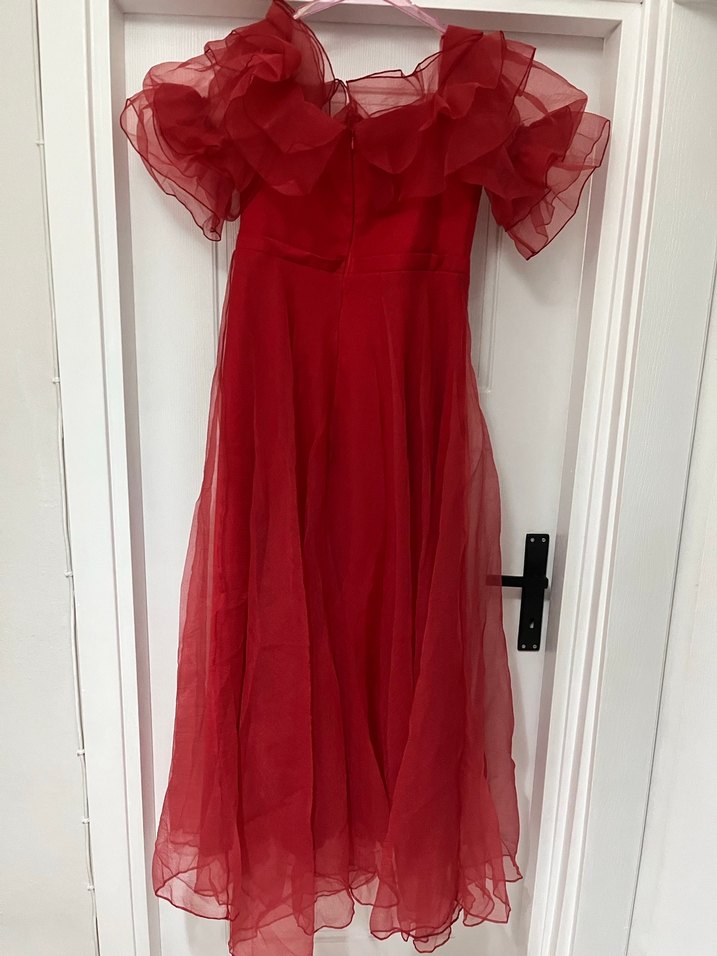 Kırmızı Drapeli Uzun Abiye Elbise - Görsel 5