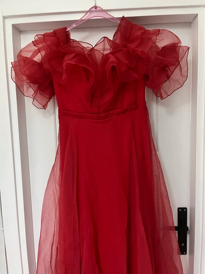 Kırmızı Drapeli Uzun Abiye Elbise - Görsel 4