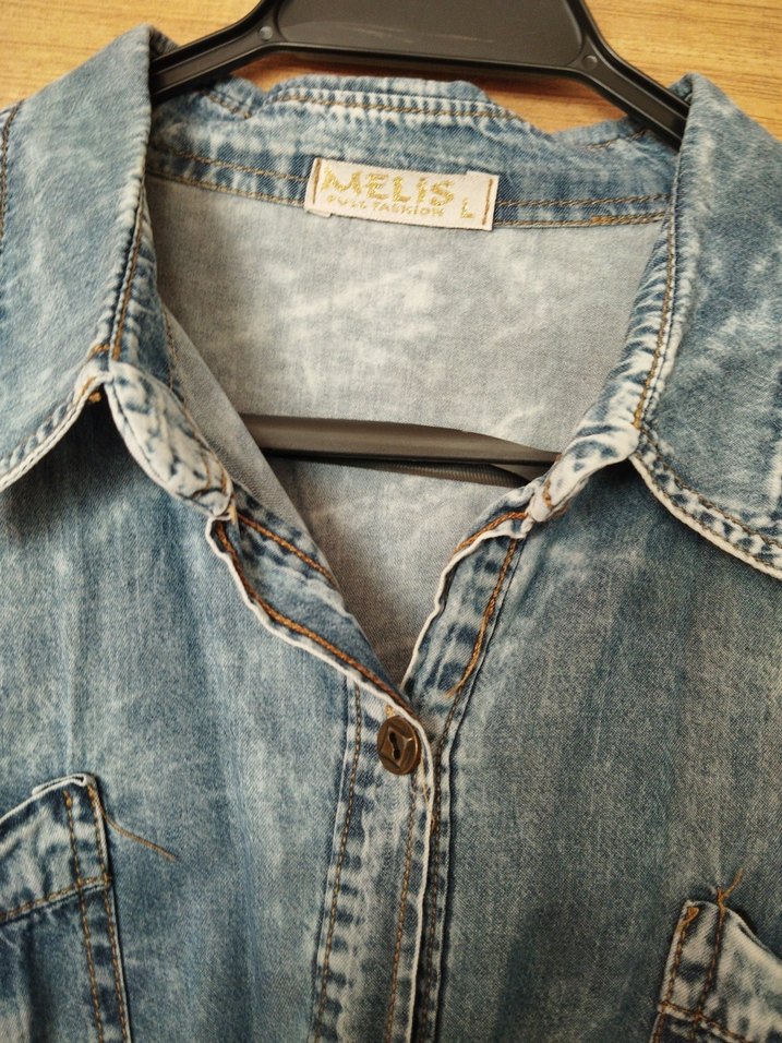 Düğmeli Mavi Denim Kadın Gömlek - Görsel 3