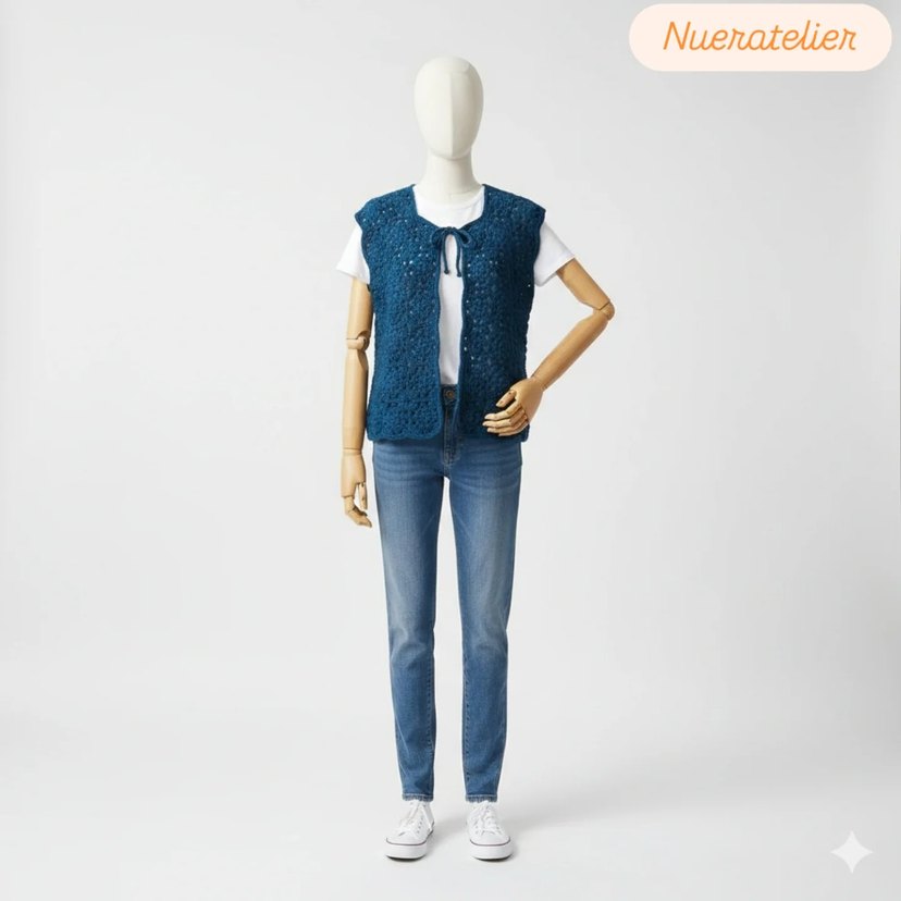 Petrol Örgü Bohem Yelek - Görsel 2
