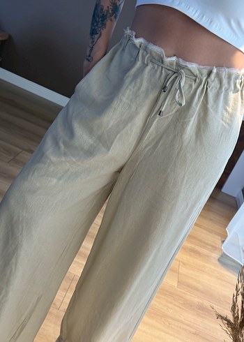 Bej Bol Kesim Keten Pantolon