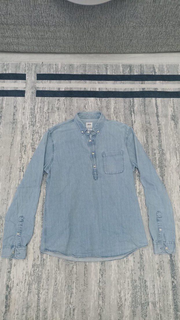 Zara Relaxed Fit Gri Mavi Erkek Gömlek - Görsel 2