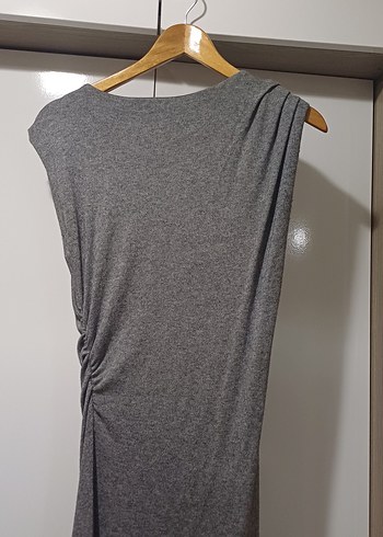 Gri Keten Uzun Drapeli Kadın Elbise - Görsel 2