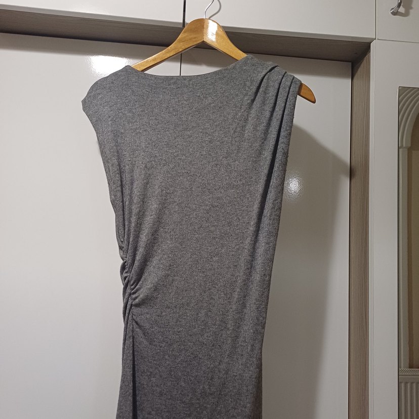 Gri Keten Uzun Drapeli Kadın Elbise - Görsel 2