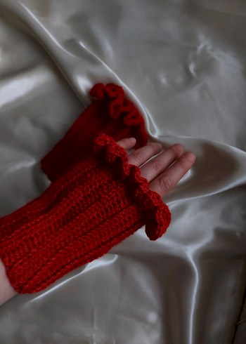 Kırmızı Fırfırlı Kadın Triko Eldiven - Görsel 3