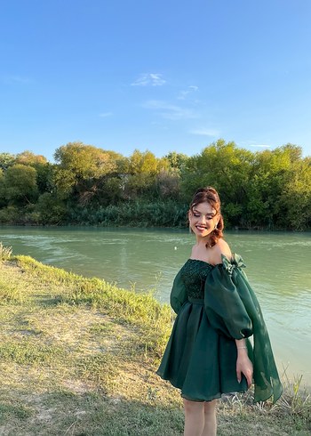 İşlemeli Zümrüt Yeşili Straplez Mini Elbise - Görsel 2