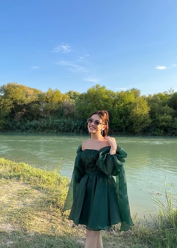 İşlemeli Zümrüt Yeşili Straplez Mini Elbise - Görsel 3