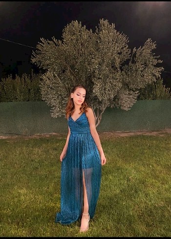 Parlak Lacivert Drapeli Uzun Elbise - Görsel 2