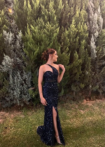 Parlak Lacivert Uzun Straplez Abiye Elbise - Görsel 3