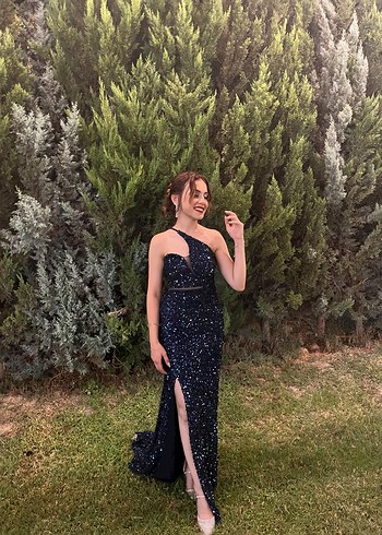 Parlak Lacivert Uzun Straplez Abiye Elbise - Görsel 2