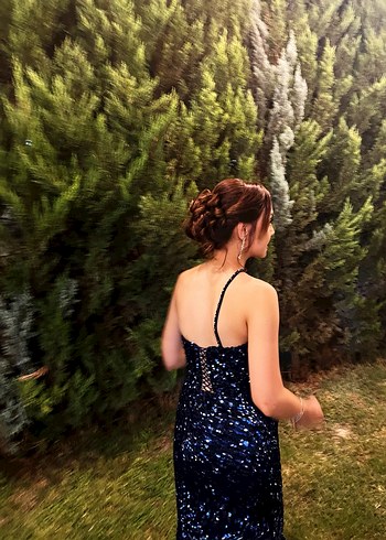 Parlak Lacivert Uzun Straplez Abiye Elbise - Görsel 4