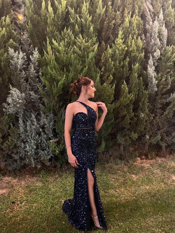 Parlak Lacivert Uzun Straplez Abiye Elbise - Görsel 3