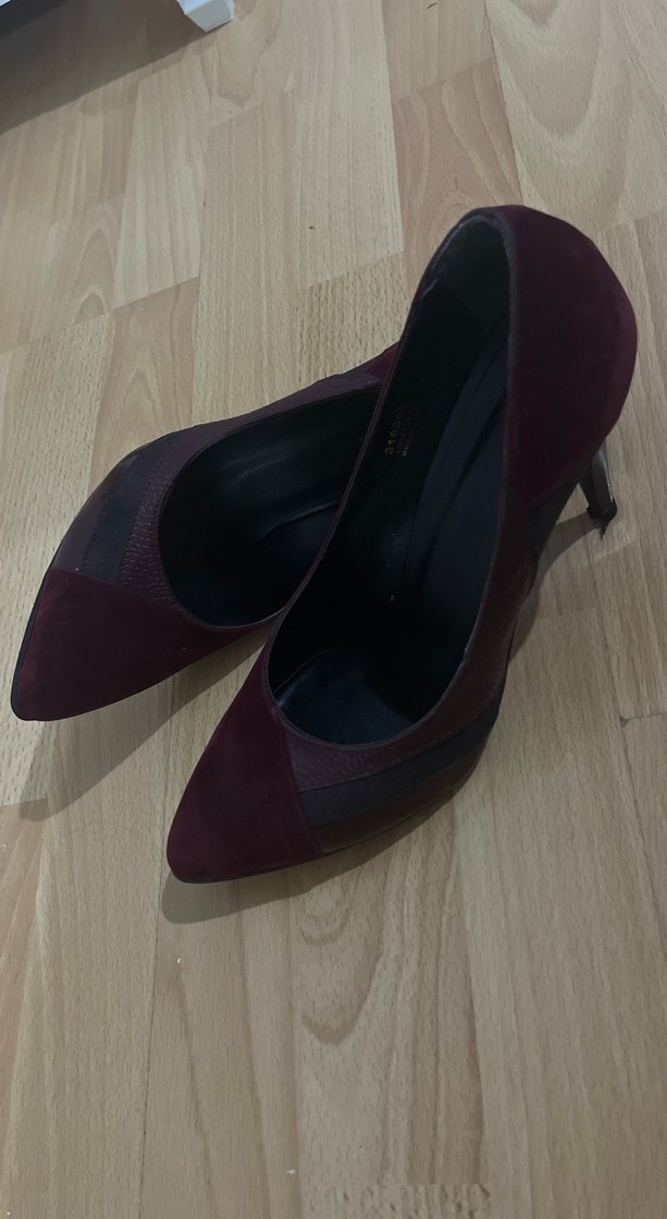 Bordo Süet Stiletto Yılan Desenli Kadın Ayakkabı - Görsel 2