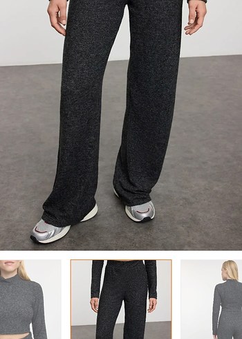 m Beden gri Renk Gri Regular Fit Midi Kadın Kumaş Pantolon ve cropntakım