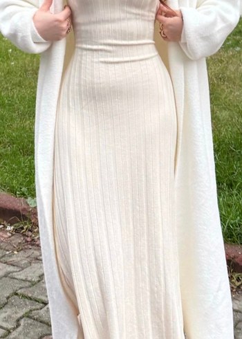 Triko belden bağlamalı elbise ekru - Görsel 2