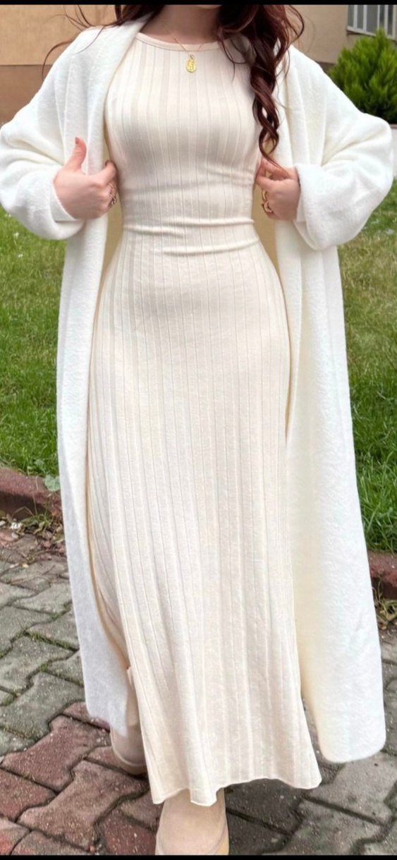 Triko belden bağlamalı elbise ekru - Görsel 2