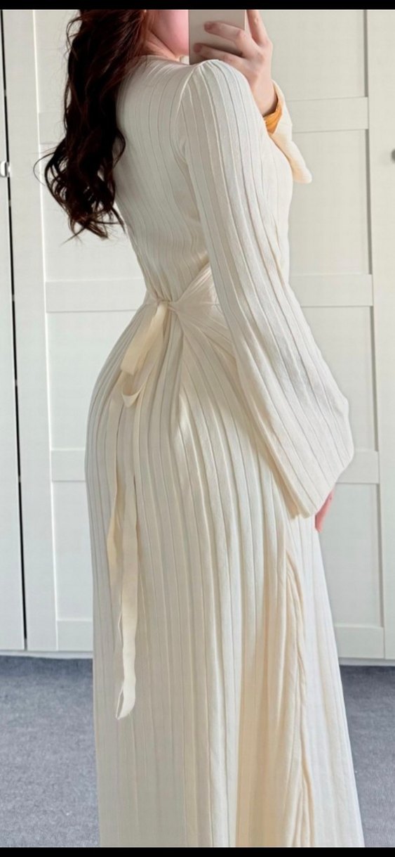 Triko belden bağlamalı elbise ekru - Görsel 3