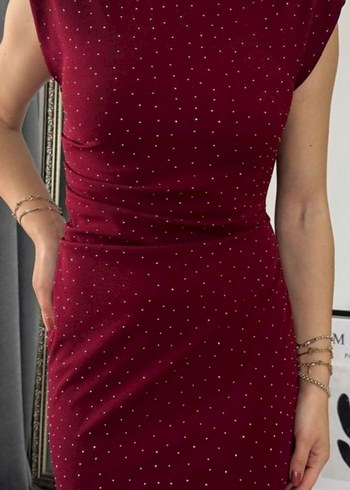 Taşlı bordo elbise - Görsel 2