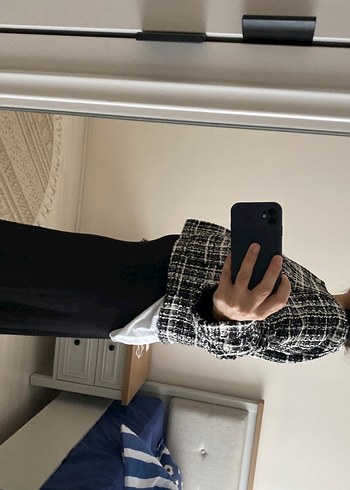 H&M Kadın Siyah Kareli Düğmeli Midi Kaban