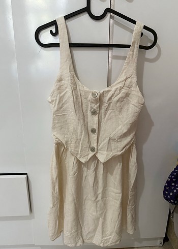 Düğmeli Bej elbise ketenimsi - Görsel 3