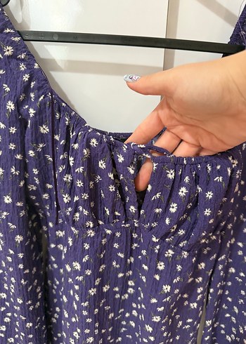 Mor Uzun Kollu Salaş Kısa Çiçekli Elbise - Görsel 2