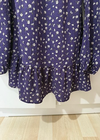 Mor Uzun Kollu Salaş Kısa Çiçekli Elbise - Görsel 3