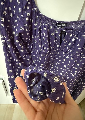 Mor Uzun Kollu Salaş Kısa Çiçekli Elbise - Görsel 5