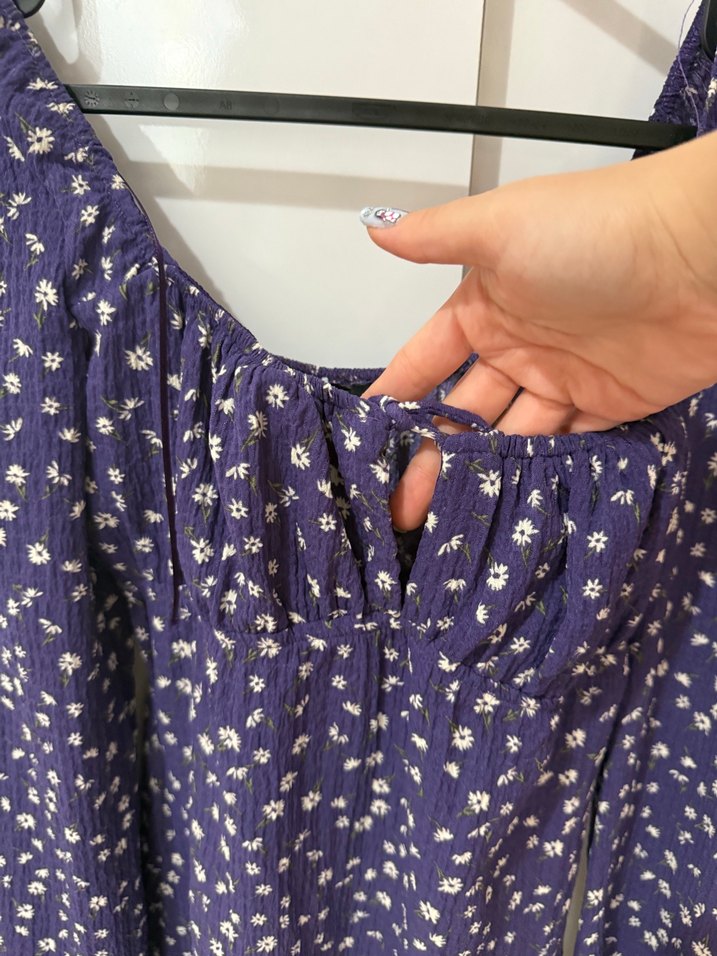 Mor Uzun Kollu Salaş Kısa Çiçekli Elbise - Görsel 2