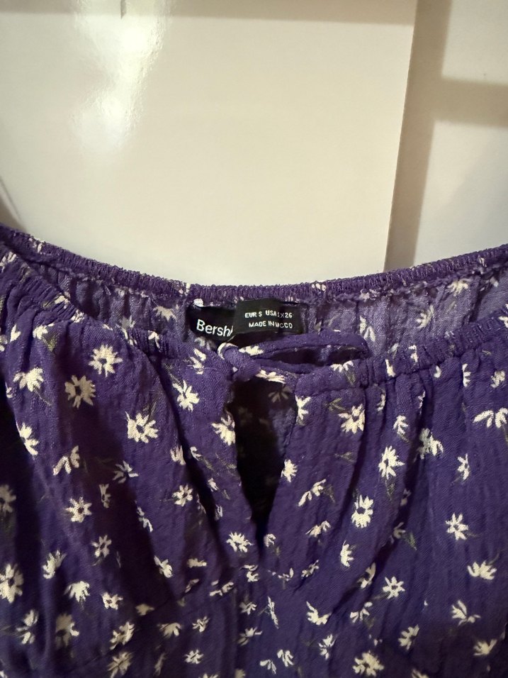 Mor Uzun Kollu Salaş Kısa Çiçekli Elbise - Görsel 4