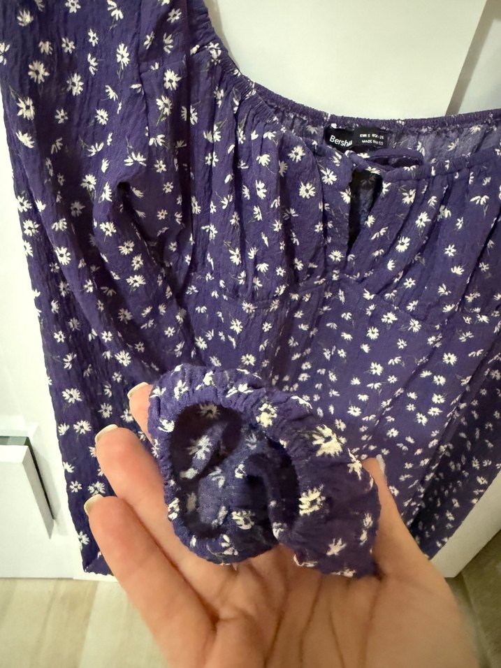 Mor Uzun Kollu Salaş Kısa Çiçekli Elbise - Görsel 5