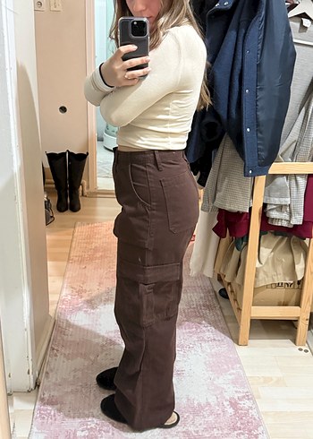 Kahverengi Kadın Bol Kesim Midi Kot Pantolon - Görsel 2