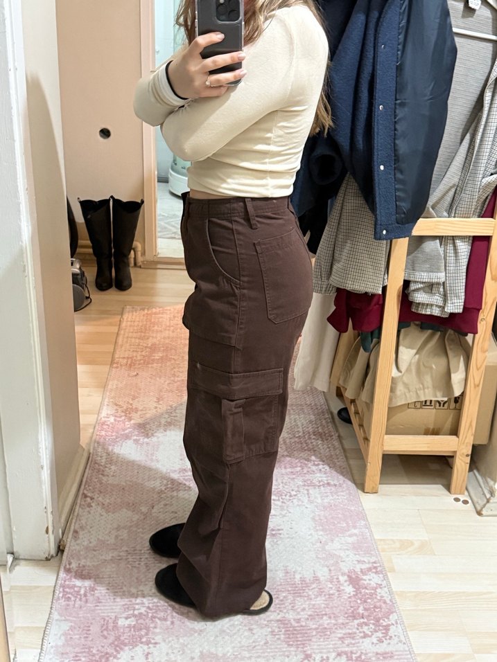 Kahverengi Kadın Bol Kesim Midi Kot Pantolon - Görsel 3