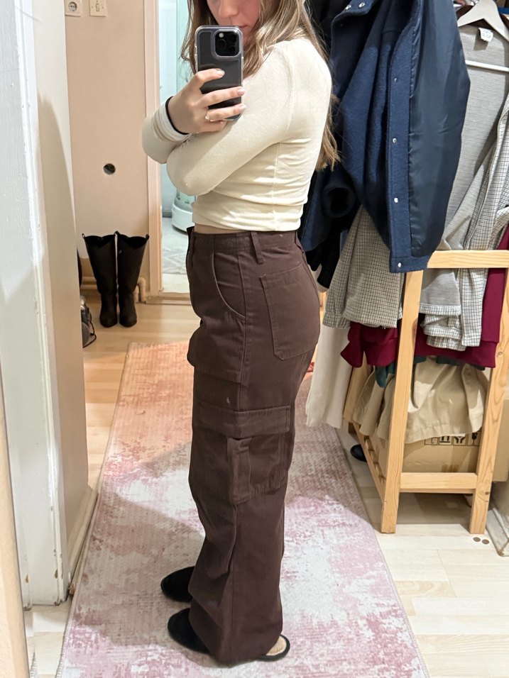 Kahverengi Kadın Bol Kesim Midi Kot Pantolon - Görsel 2