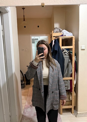 Gri Ekose Kadın Blazer Ceket - Görsel 3