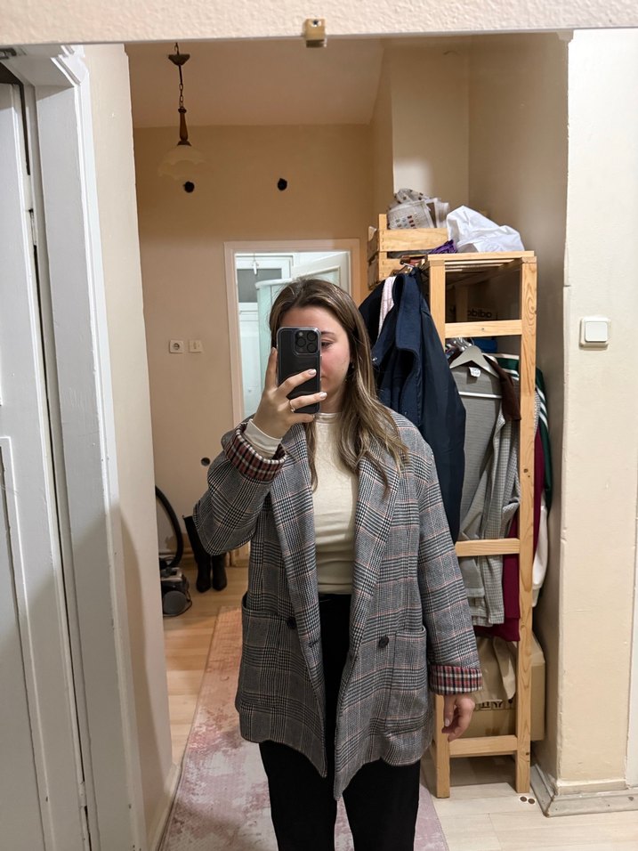 Gri Ekose Kadın Blazer Ceket - Görsel 3