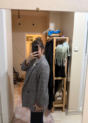 Kadın Gri Ekose Düğmeli Midi Blazer - Görsel 2