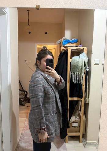 Kadın Gri Ekose Düğmeli Midi Blazer - Görsel 3