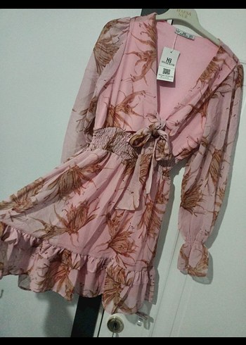 Pembe Bohem Uzun Kollu Mini Elbise - Görsel 2